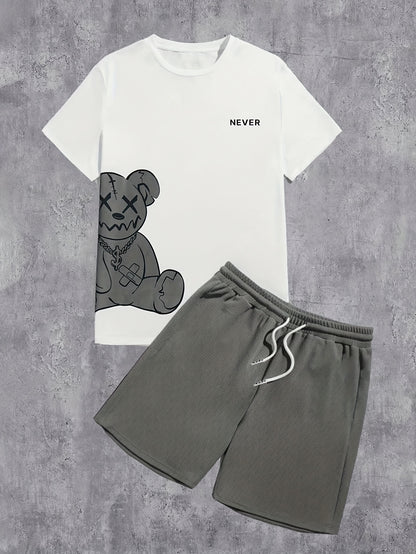 Men'S Outfit Featuring a Casual Round-Neck Short-Sleeve T-Shirt with a Bear Print And Drawstring Shorts, Perfect for Summer Outdoor Activities