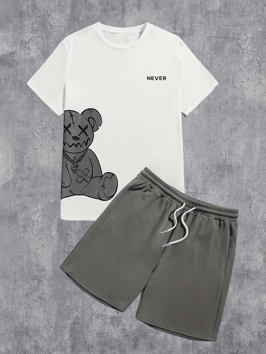 Men'S Outfit Featuring a Casual Round-Neck Short-Sleeve T-Shirt with a Bear Print And Drawstring Shorts, Perfect for Summer Outdoor Activities