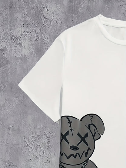 Men'S Outfit Featuring a Casual Round-Neck Short-Sleeve T-Shirt with a Bear Print And Drawstring Shorts, Perfect for Summer Outdoor Activities